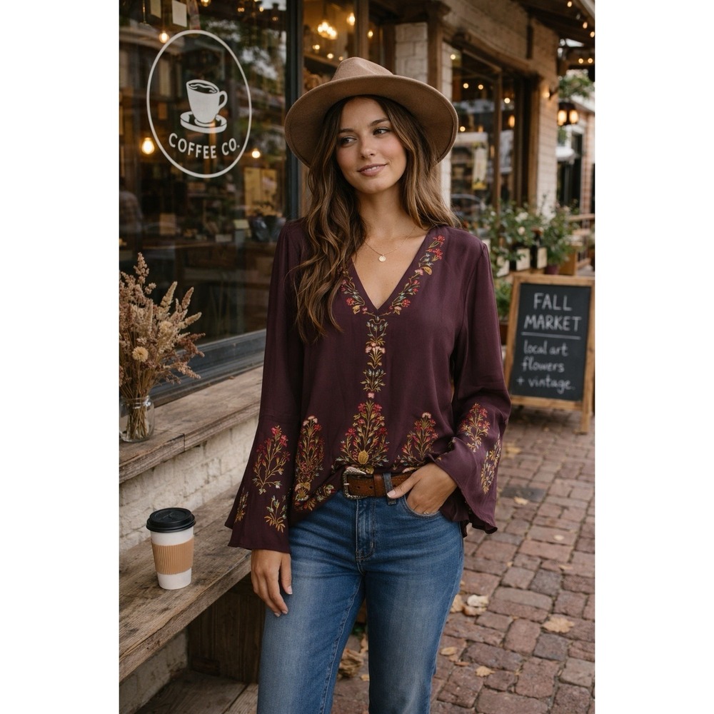 Sundance Embroidered Boho Blouse Plum Floral Viscose Top M Tunic Peasant - Picture 2 of 9
